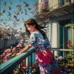 "An illustration of a dignified woman joyfully dancing on a brightly decorated balcony bathed in morning light. She is wearing a vibrantly colored dress that sways lightly with her movements. Her face is filled with happiness, surrounded by colorful flowers, chirping birds, and the air is scented with the fragrance of spring. This scene reflects the beauty of the outside world and the light within her, conveying her cheerful spirit to the viewer. (Anatomically accurate character design), masterpiece, ultra high resolution, high contrast, low saturation, by Steven Milanese"