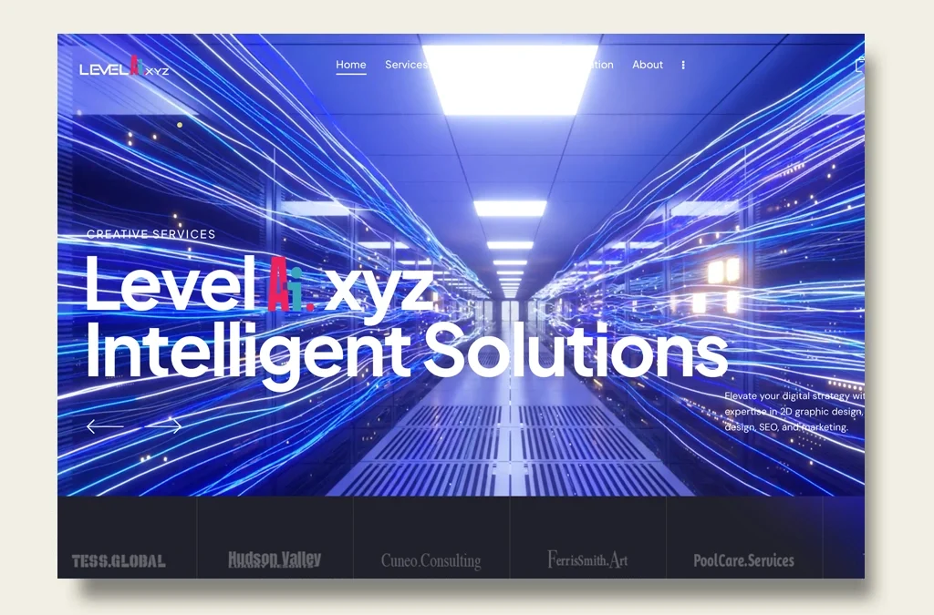 LevelAI.xyz homepage showcasing intelligent solutions and digital strategy services.