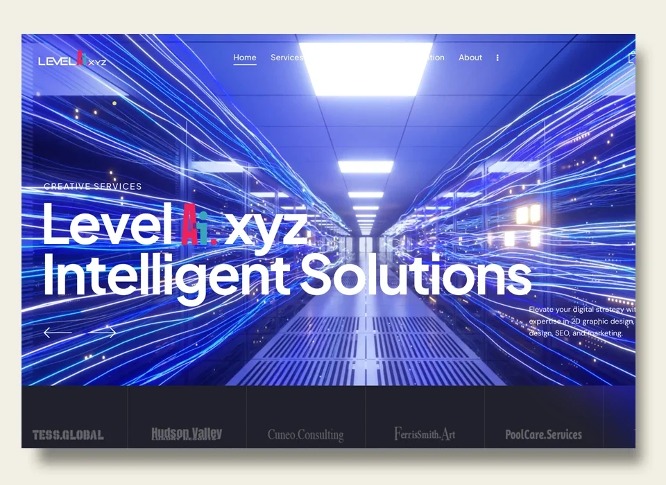 LevelAI.xyz homepage showcasing intelligent solutions and digital strategy services.