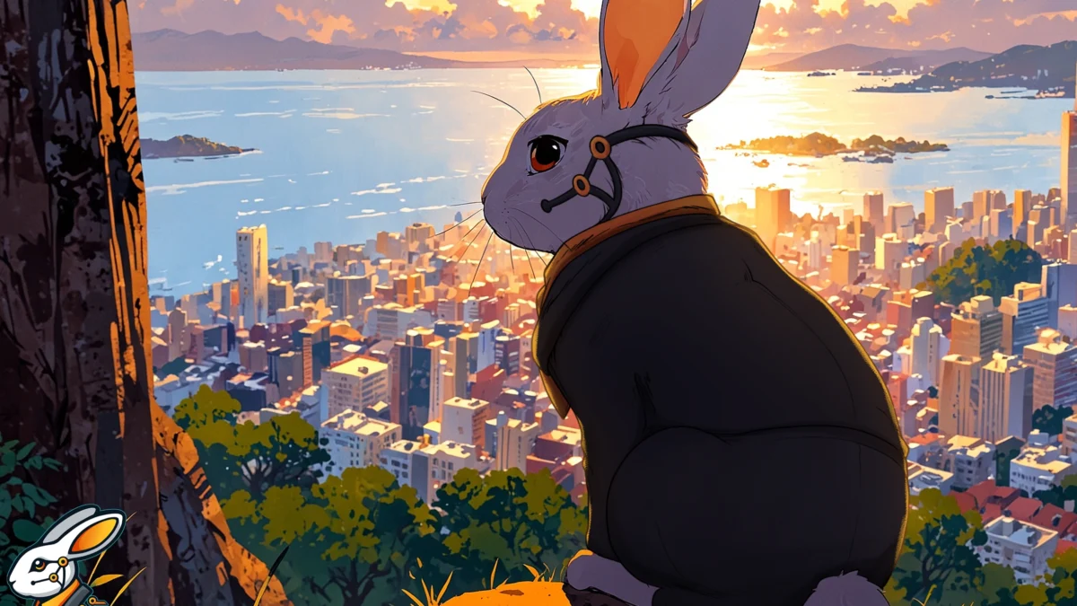 Sheldon AI's rabbit mascot, wearing a tech-themed collar, sits on a cliff overlooking a sunset-lit cityscape.