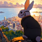 Sheldon AI's rabbit mascot, wearing a tech-themed collar, sits on a cliff overlooking a sunset-lit cityscape.