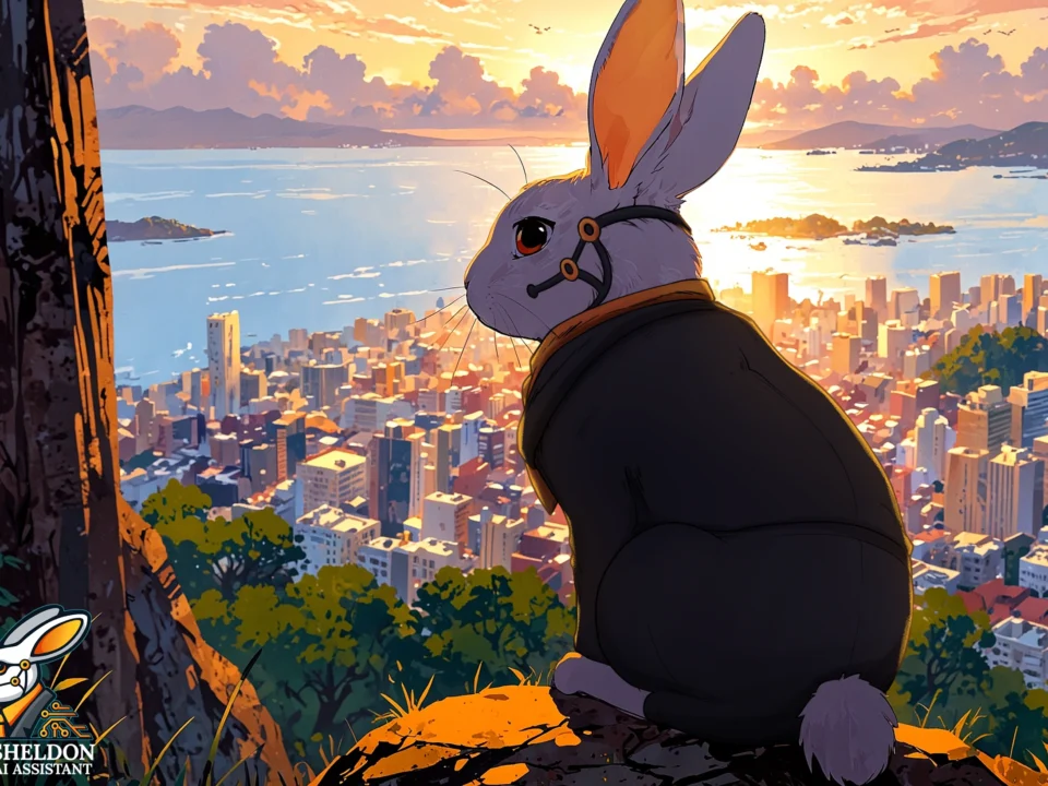 Sheldon AI's rabbit mascot, wearing a tech-themed collar, sits on a cliff overlooking a sunset-lit cityscape.