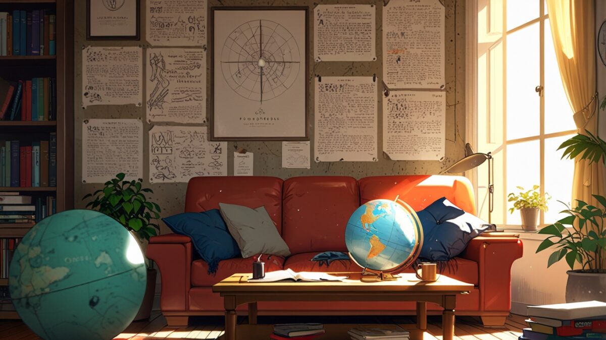 A cozy living room with a comfortable red sofa, a coffee table, a globe, and scientific notes pinned on the wall, illuminated by natural sunlight.