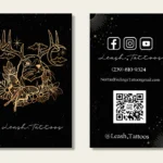 Finished Leash.Tattoos business cards featuring custom copper foil art of a rabbit with flowers and antlers, along with social media icons and a QR code for contact details.