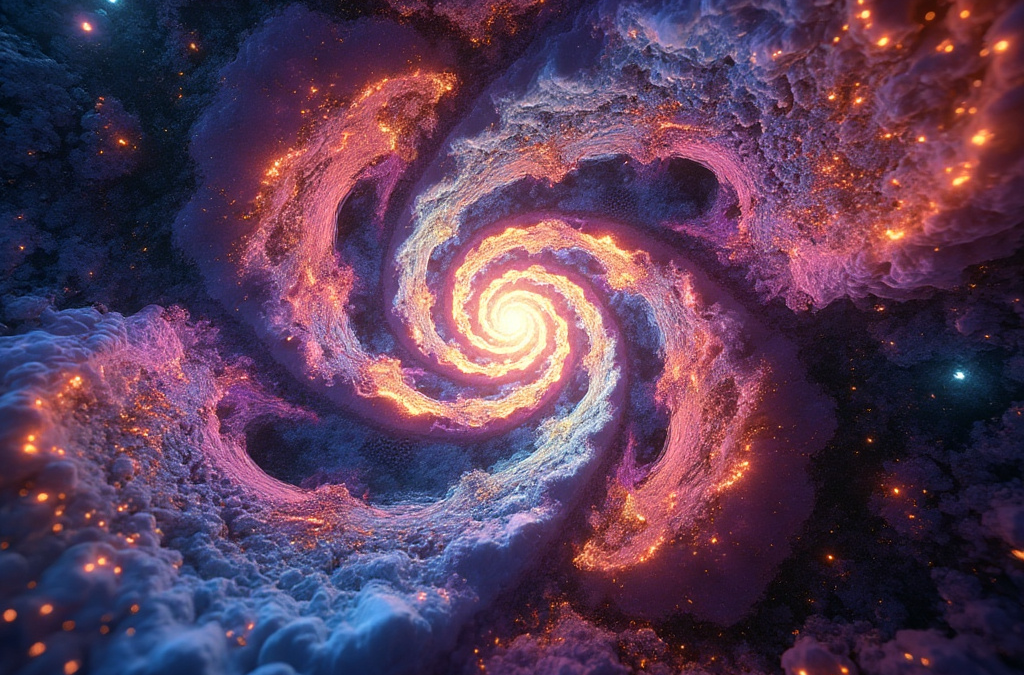 Cosmic spiral visual representing higher-dimensional geometry, resembling a Calabi-Yau manifold.