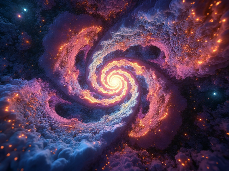 Cosmic spiral visual representing higher-dimensional geometry, resembling a Calabi-Yau manifold.