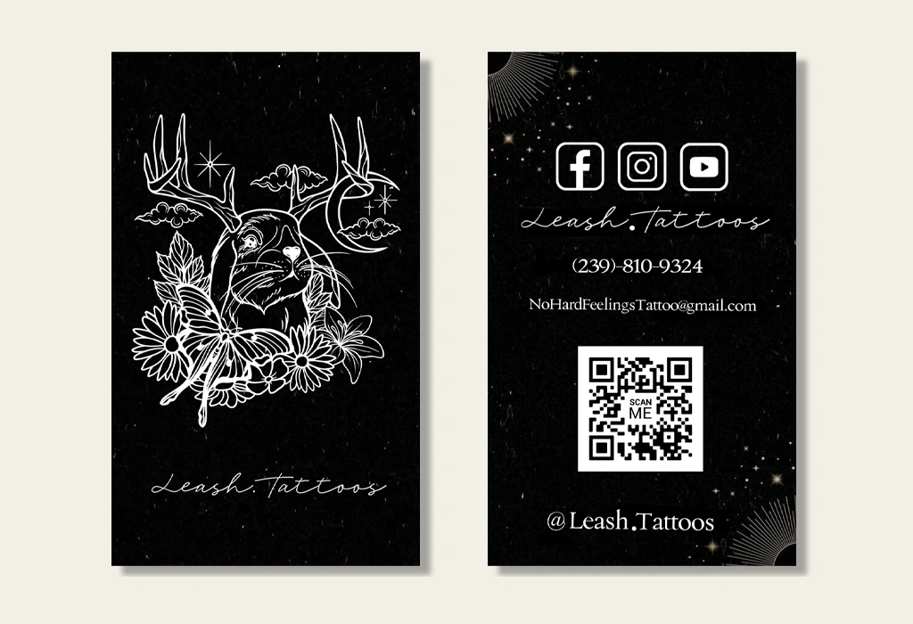 Leash.Tattoos business cards featuring social media icons, contact information, and a custom tattoo design with flowers and animal motifs.