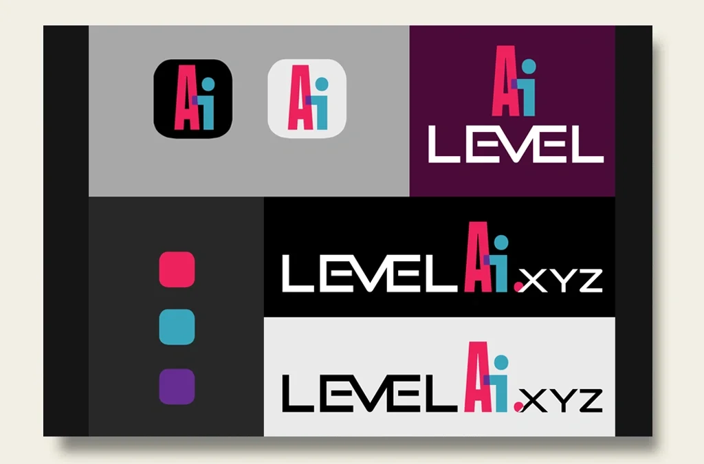 Level AI logo sheet showing multiple variations of the logo, including color options and typography, highlighting the brand identity and design process.