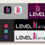 Level AI logo sheet showing multiple variations of the logo, including color options and typography, highlighting the brand identity and design process.