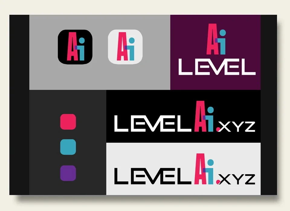 Level AI logo sheet showing multiple variations of the logo, including color options and typography, highlighting the brand identity and design process.