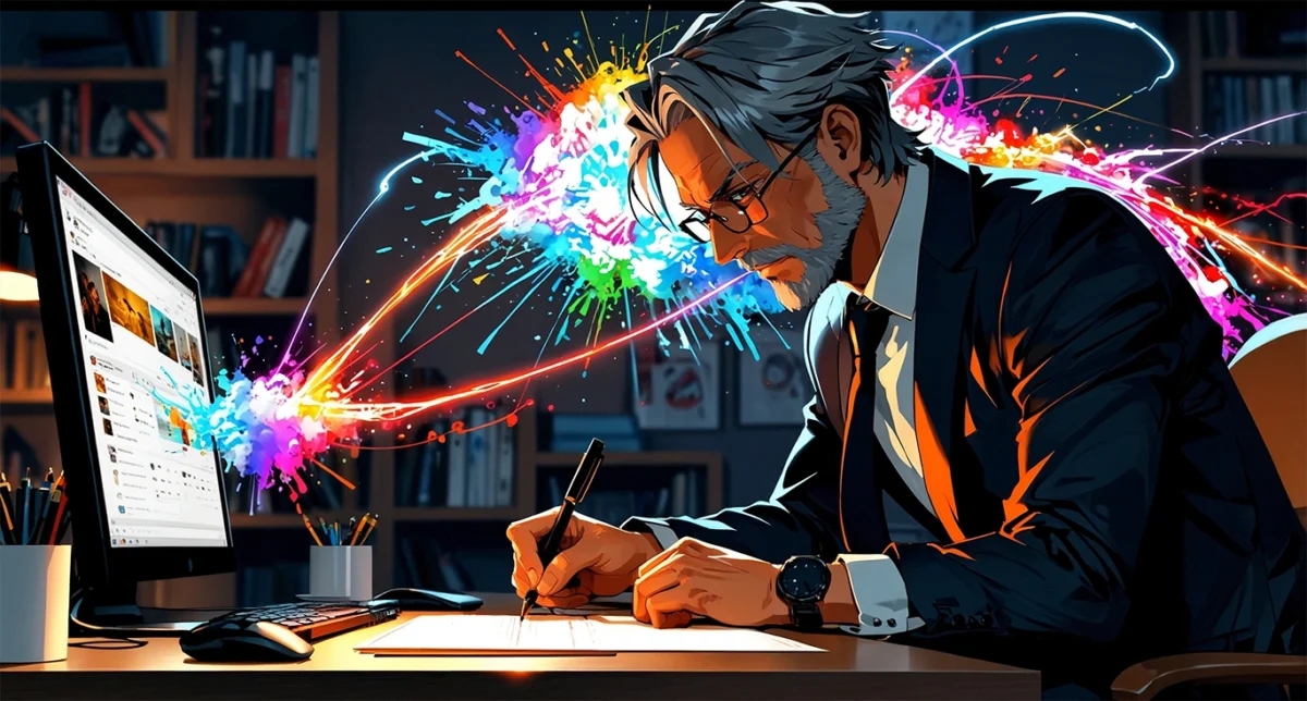 Distinguished grey-haired gentleman in his late 40s, focused on online learning, with vibrant rainbow beams exploding from a laptop screen in an anime-style illustration.