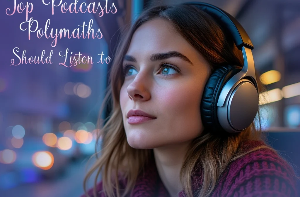 Young woman wearing headphones, focused and listening to a podcast, with the text 'Top Podcasts Polymaths Should Listen To' overlaid.