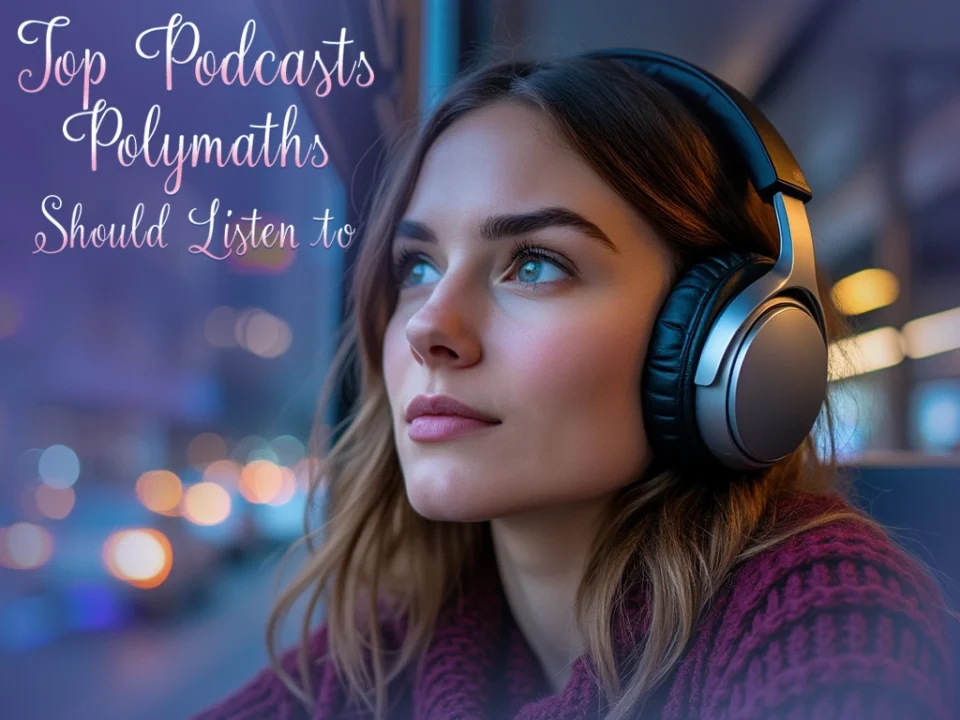 Young woman wearing headphones, focused and listening to a podcast, with the text 'Top Podcasts Polymaths Should Listen To' overlaid.