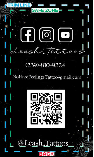 Leash.Tattoos business card back featuring social media icons, contact information, and a QR code for scanning, with trim lines and safe zone markings.