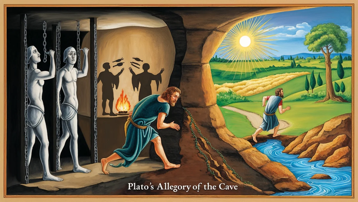 Artistic overview of Plato's Allegory of the Cave, exploring perception and reality