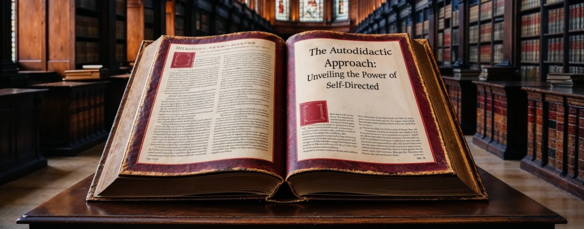 Open book in library, titled 'The Autodidactic Approach