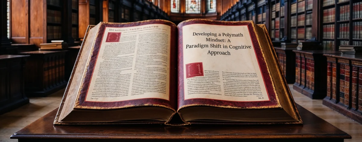 Open book in library, titled 'Developing a Polymath Mindset: A Paradigm Shift'