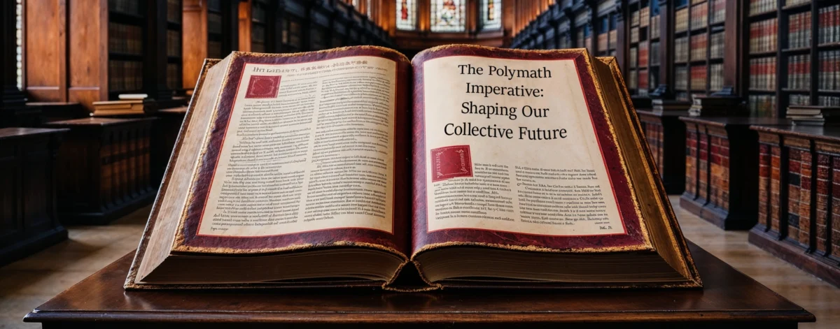 Open book in library, titled 'The Future of Polymathy: Navigating Complexity'