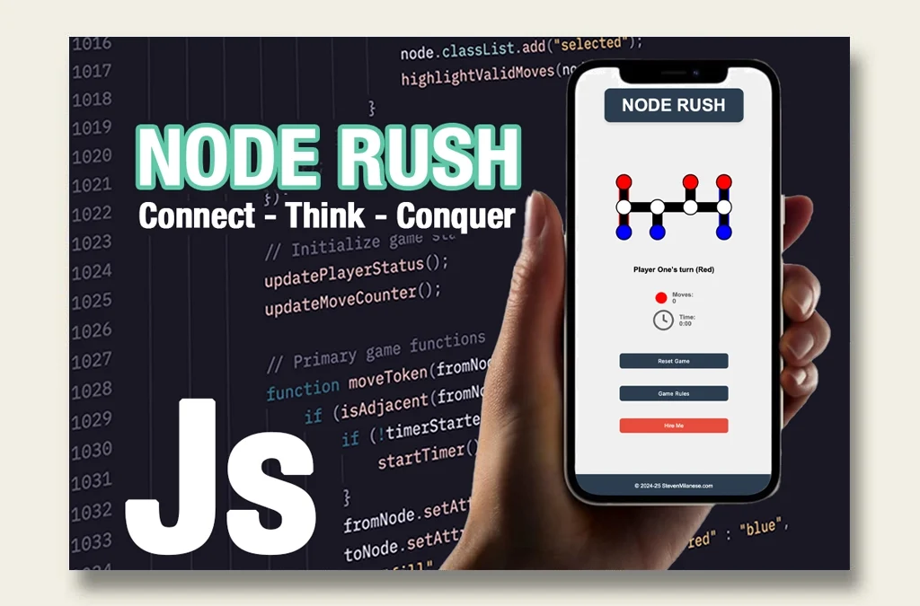 Node Rush game on mobile device with JavaScript code background, showing interface and development environment.