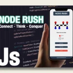 Node Rush game on mobile device with JavaScript code background, showing interface and development environment.