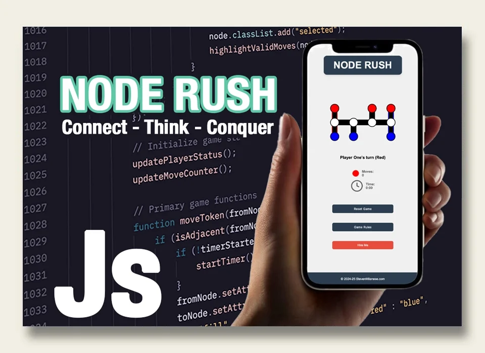 Node Rush game on mobile device with JavaScript code background, showing interface and development environment.