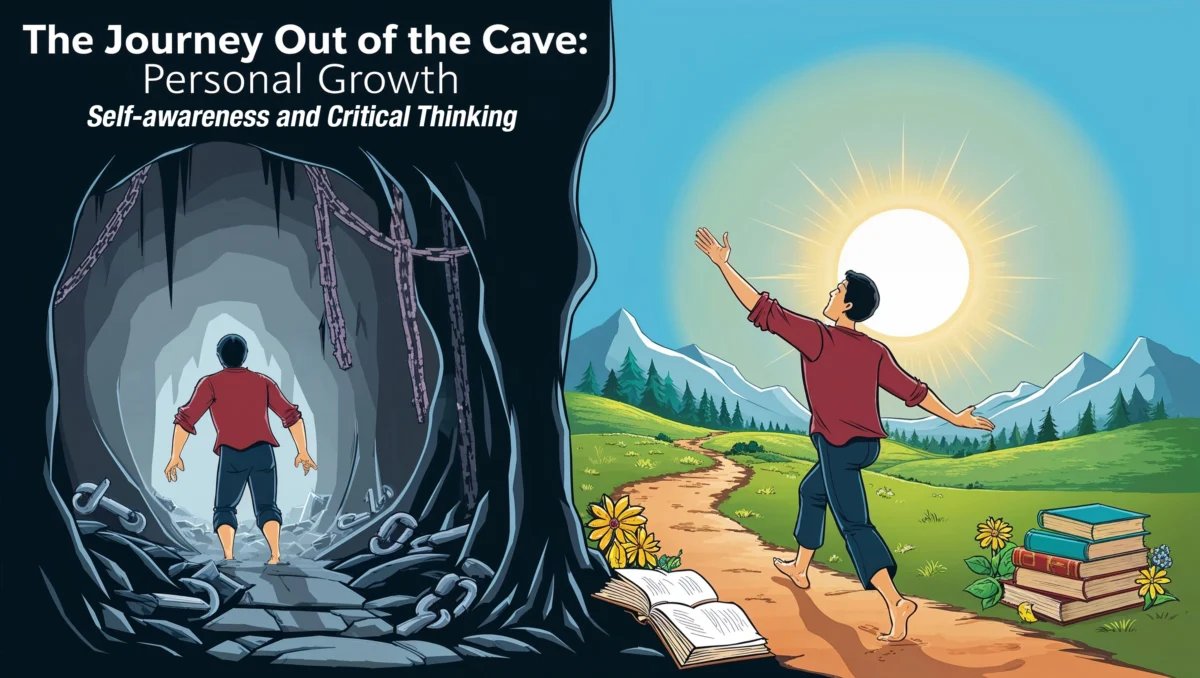 Art depicting the journey out of Plato's Cave as a symbol of personal growth