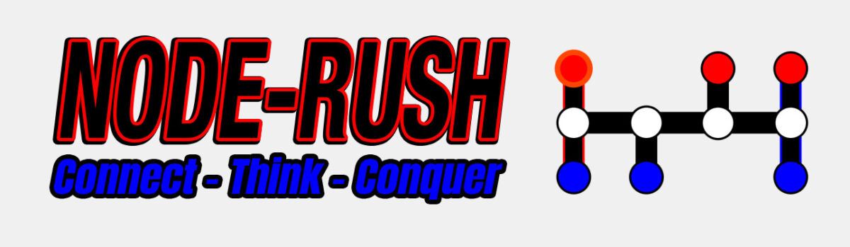 Node Rush game banner featuring title with tagline 'Connect - Think - Conquer' and a visual of game nodes, representing strategic gameplay.