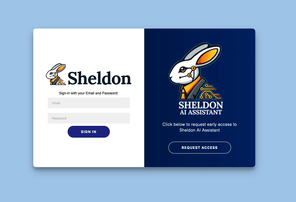 Sheldon AI XYZ login page, featuring a secure and user-friendly interface for accessing the AI assistant's capabilities.