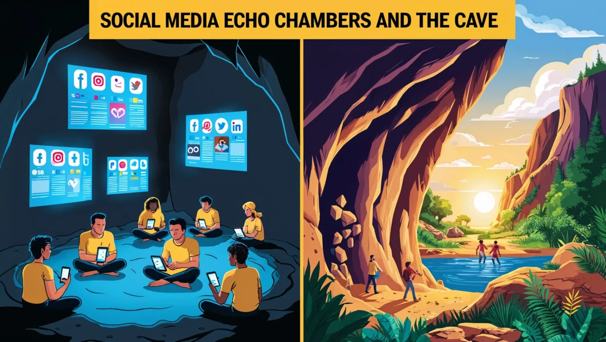 Art comparing social media echo chambers to Plato's Allegory of the Cave