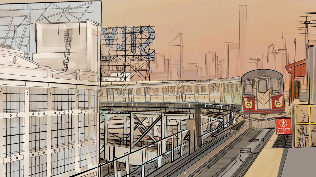 Illustration of the NYC 7 Train traveling on elevated tracks in Queens, featuring detailed urban architecture with a warm, sunset backdrop.