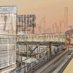 Illustration of the NYC 7 Train traveling on elevated tracks in Queens, featuring detailed urban architecture with a warm, sunset backdrop.