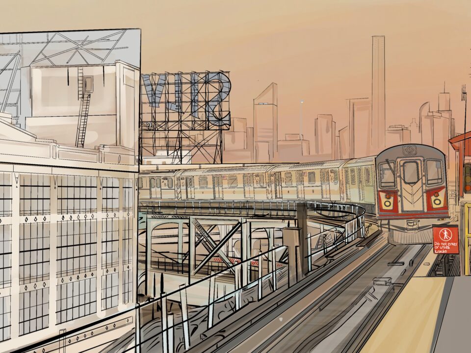 Illustration of the NYC 7 Train traveling on elevated tracks in Queens, featuring detailed urban architecture with a warm, sunset backdrop.