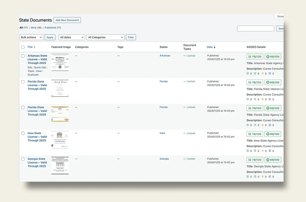 Backend view of document plugin for managing web content.