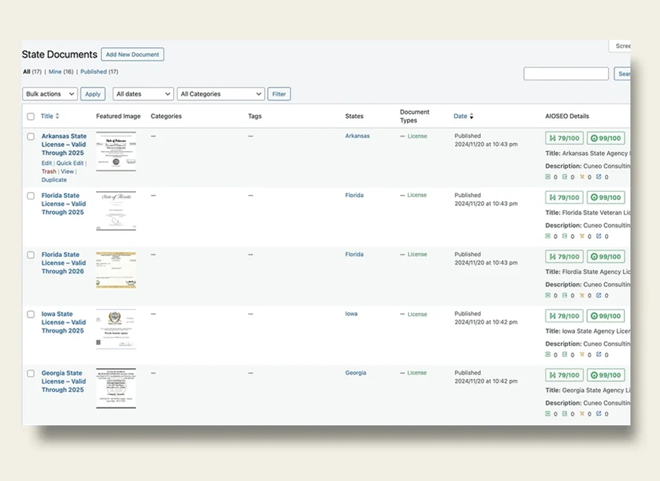 Backend view of document plugin for managing web content.