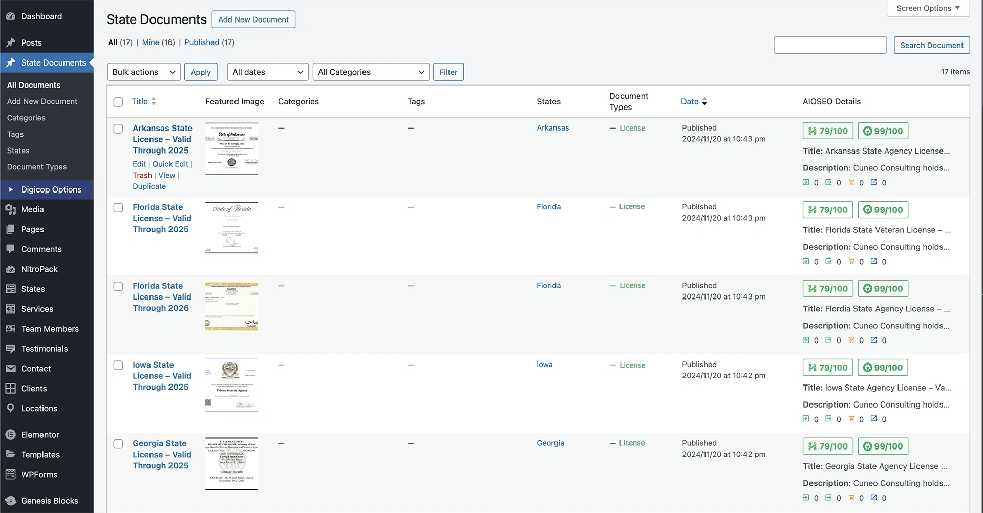 Backend view of document plugin for managing web content.