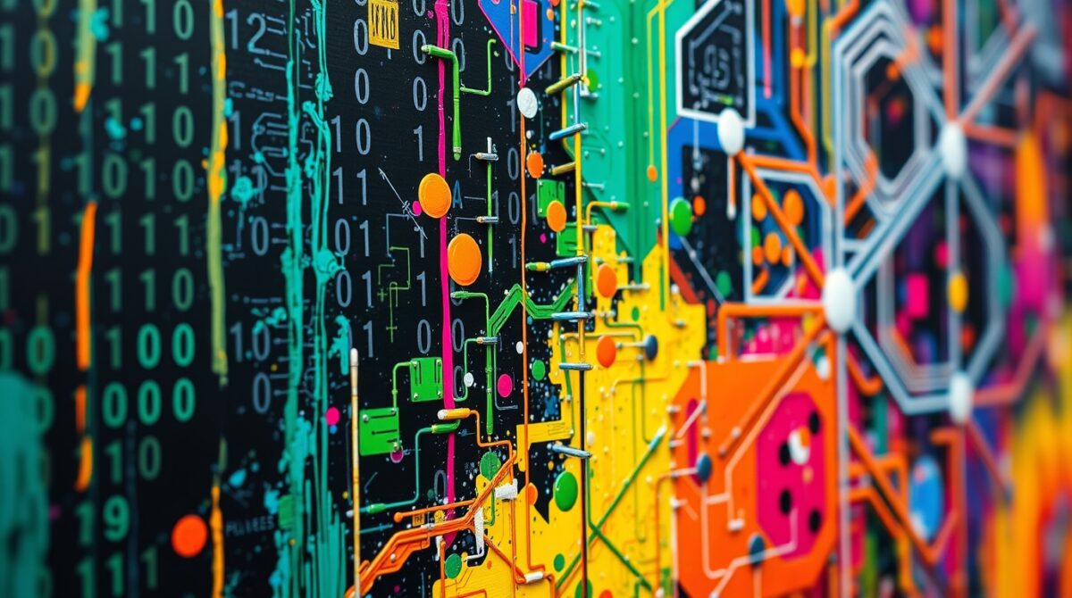 Abstract digital network art with circuits, binary code, and colorful data flows.