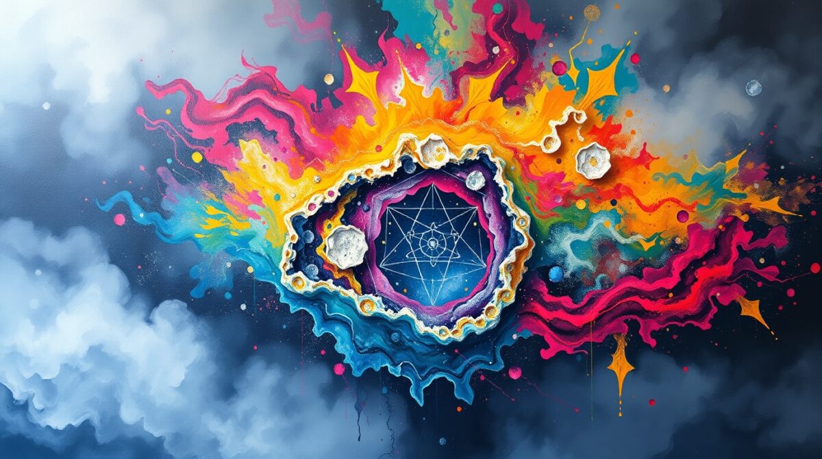 Colorful morphogenetic fields with sacred geometry, fractals, and energy guiding creation across scales.