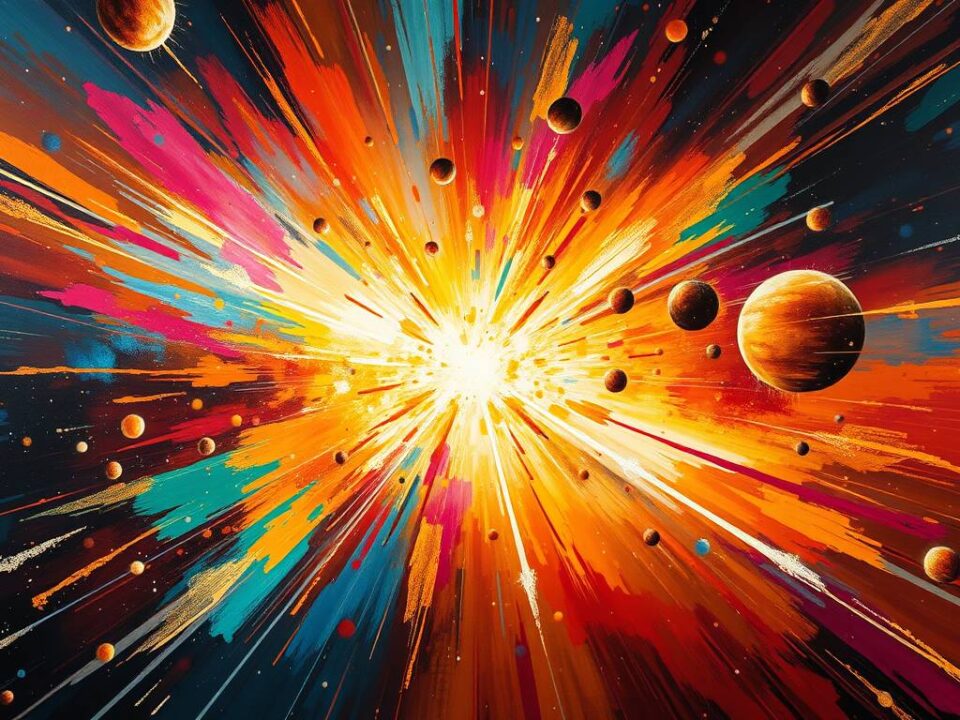 Colorful cosmic explosion with planets and vibrant energy in space.