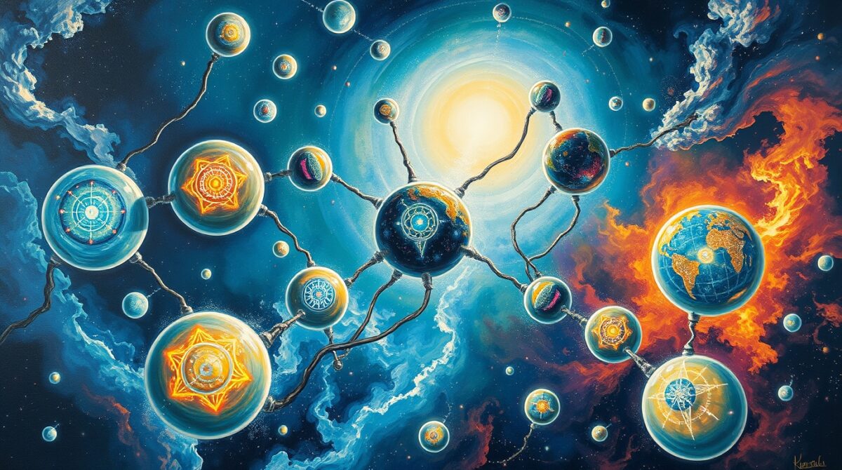 Multiverse evolution depicted as spheres with unique constants, connected by quantum bridges in a cosmic, colorful gradient.