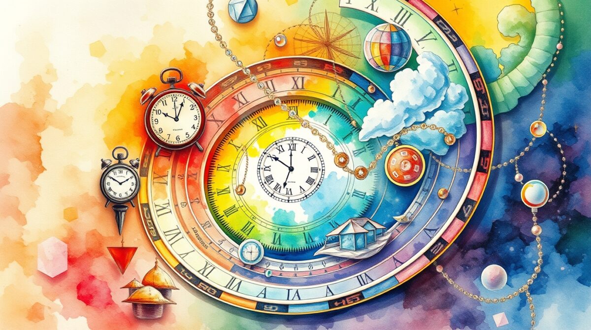 Surreal artwork with interconnected clocks, planets, and colorful time loops.