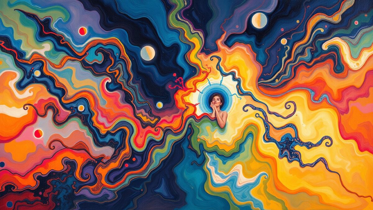 Abstract pastel oil painting with swirling cosmic colors in blues, oranges, and yellows, featuring a contemplative woman emerging from vibrant waves of color.