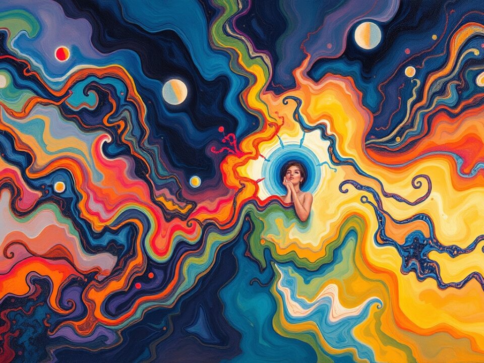 Abstract pastel oil painting with swirling cosmic colors in blues, oranges, and yellows, featuring a contemplative woman emerging from vibrant waves of color.